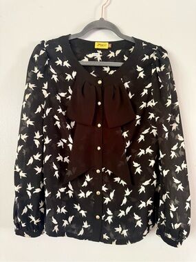 Max C Black Sheer Bird Print Blouse Bow Accent Gold Buttons Size M Y2K Coquette